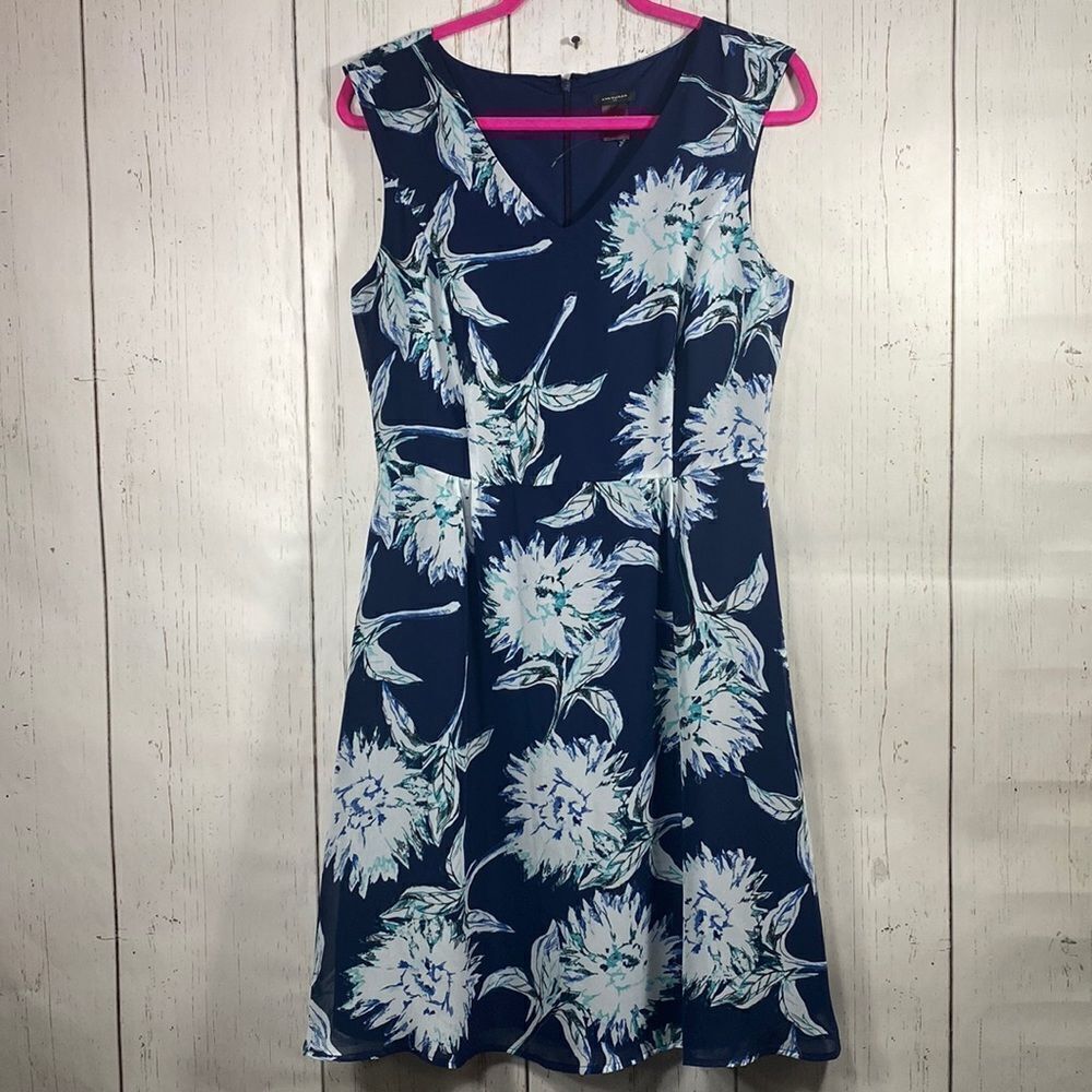 Ann Taylor Navy Floral Fit & Flare Dress Size 8 Classic Feminine Sleeveless
